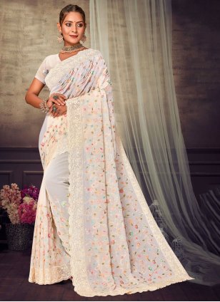 Off White Georgette Embroidered Designer Sari