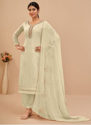 Off White Georgette Embroidered Straight Salwar Suit