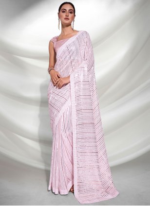 Off White Georgette Embroidered Trendy Saree
