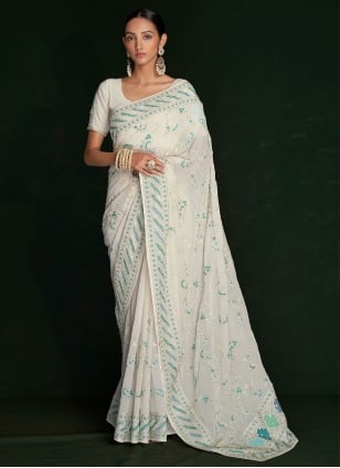 Off White Georgette Lucknowi Work Designer Sari