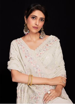 Off White Georgette Lucknowi Work Designer Sari