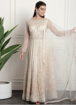 Off White Net Embroidered Anarkali Suit