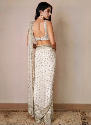 Off White Net Embroidered Classic Sari