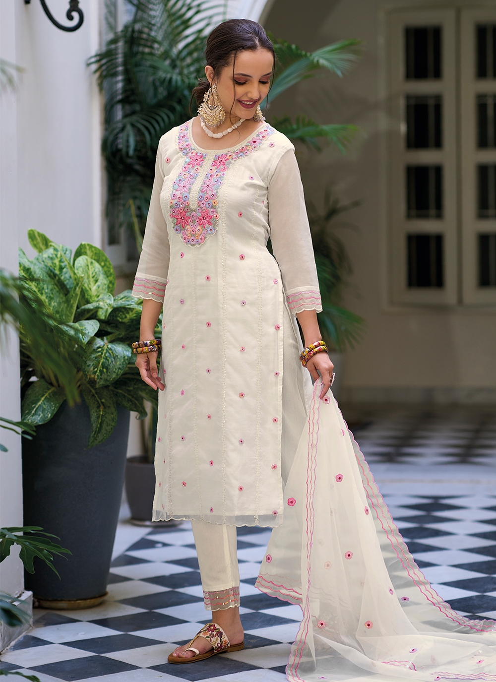 Embroidered Pant Style Suit in White