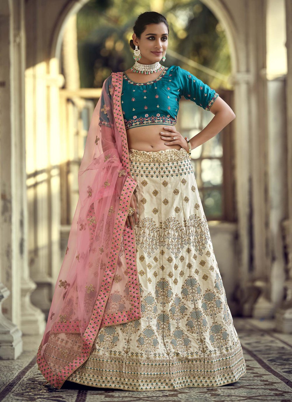Off-White Color Organza Base Crop Top Lehenga With Stone Work