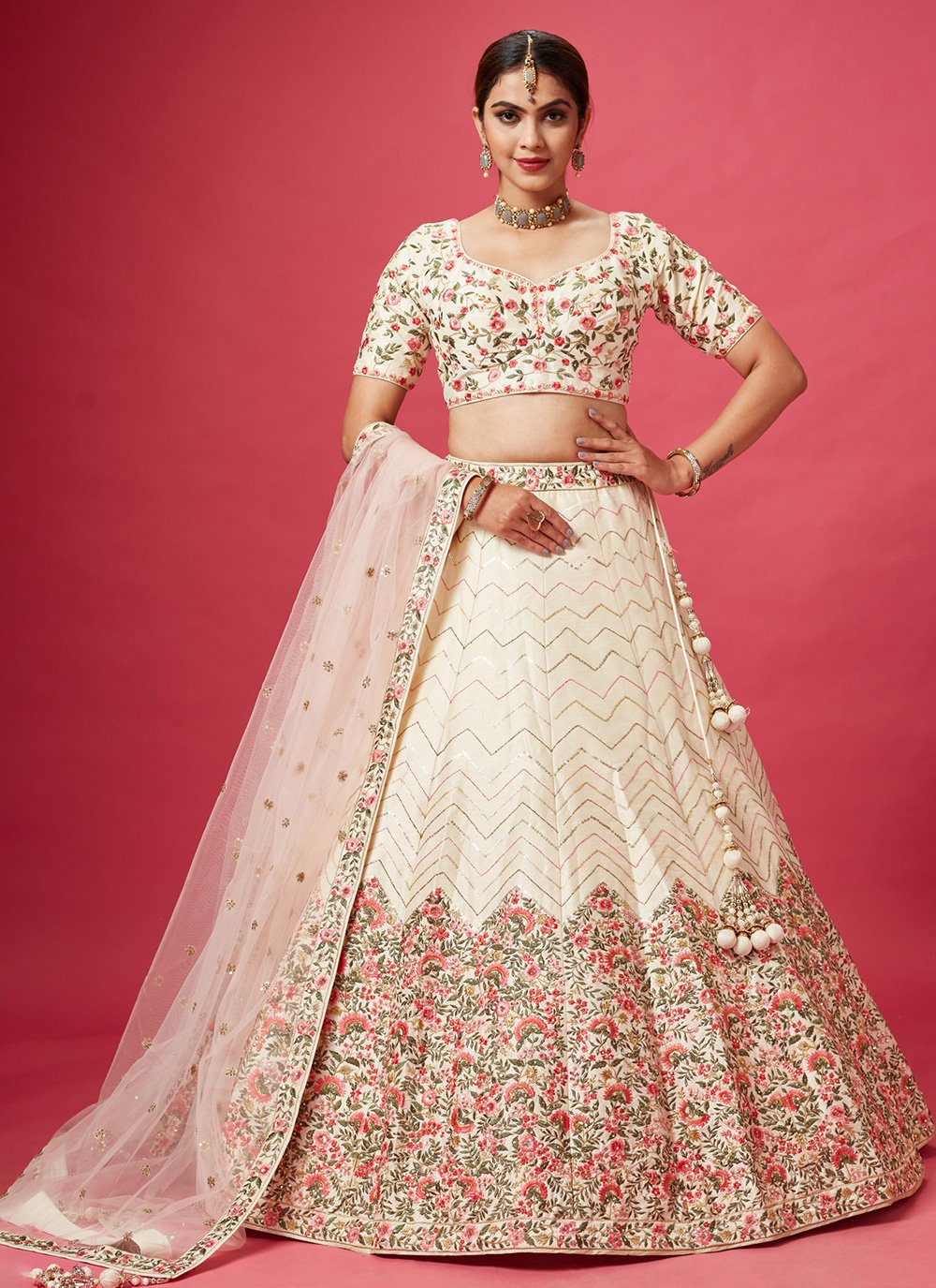 Designer White And Pink Bridal Lehenga