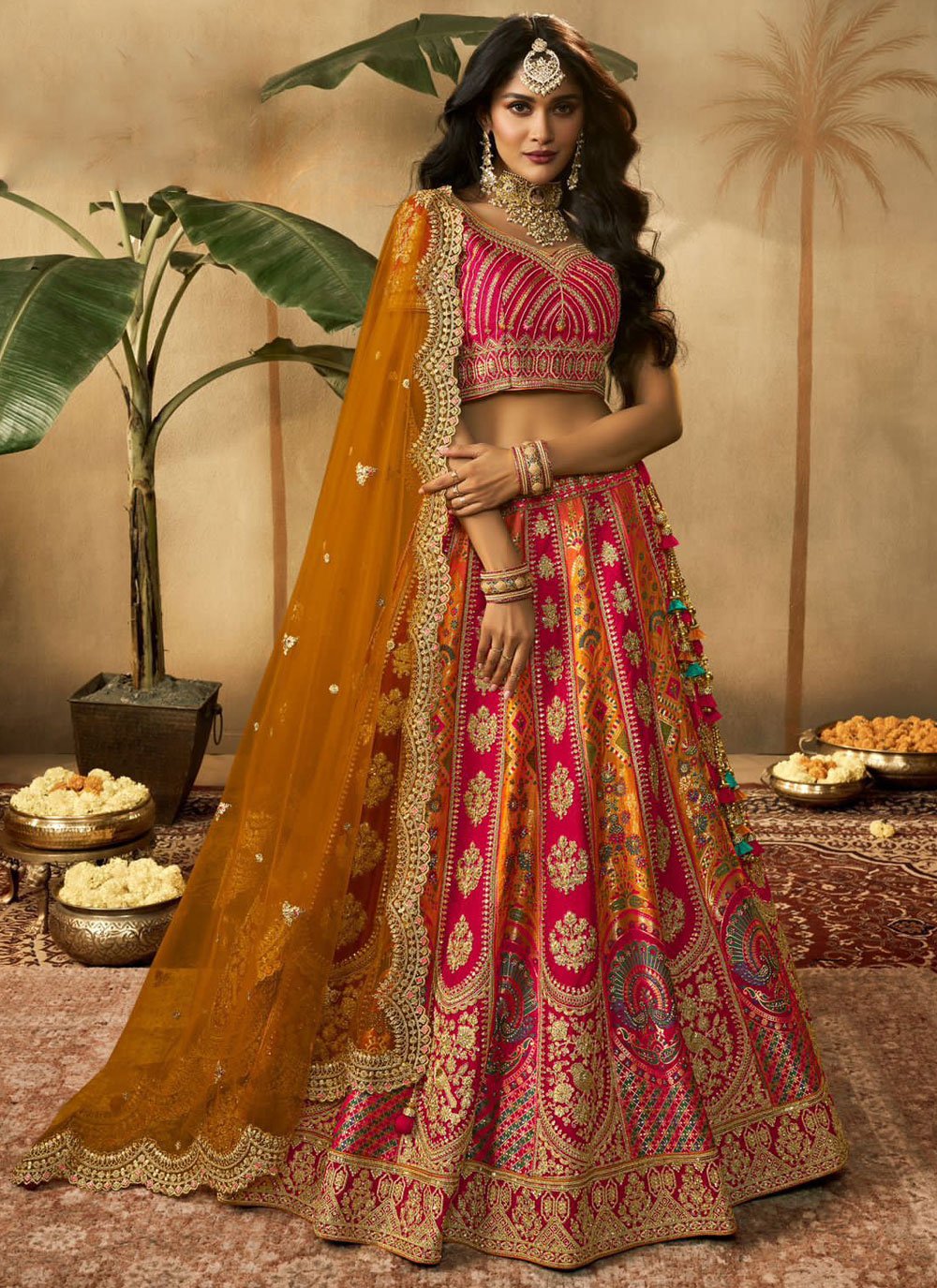 orange and pink banarasi silk embroidered lehenga choli 95883