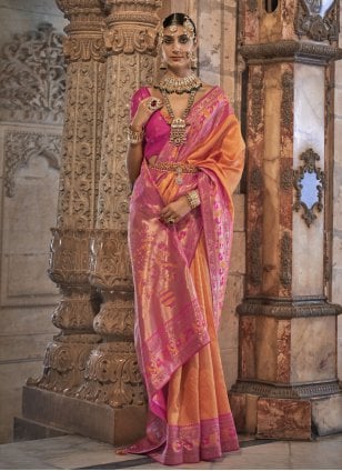 Orange and Pink Banarasi Silk Weaving Designer Saree