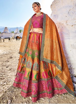 Orange and Pink Embroidered Banarasi Silk Trendy Lehenga Choli