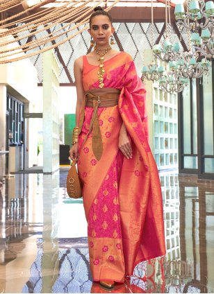 Orange and Rani Handloom Silk Weaving Trendy Saree