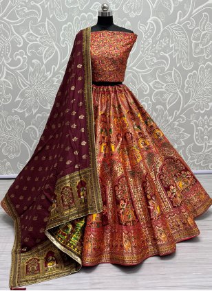 Orange Banarasi Silk Diamond Work Designer Wedding Lehenga Choli