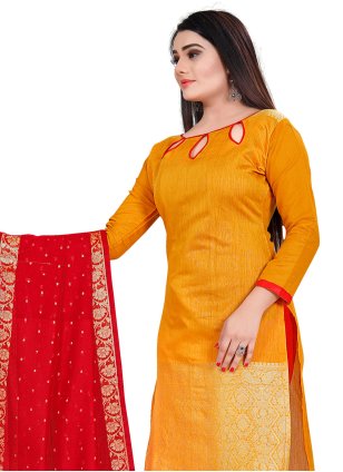 
                            Orange Banarasi Silk Printed Pant Style Suit
