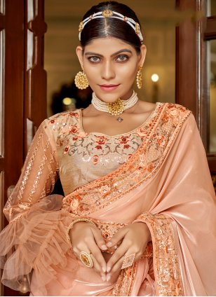 Orange Chiffon Embroidered Classic Designer Wedding Sari