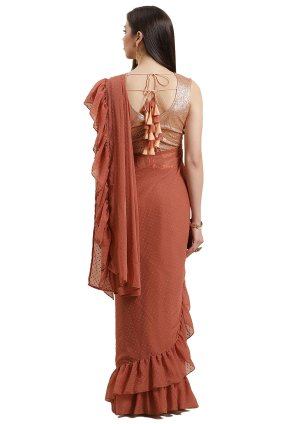 Orange Chiffon Ruffle Contemporary Sari