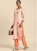 Orange Cotton  Embroidered Pant Style Suit
