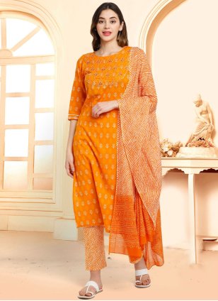 Orange Cotton  Printed Readymade Salwar Kameez