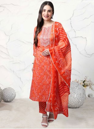 Orange Cotton  Printed Salwar suit