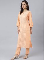 Orange Cotton  Printed Straight Salwar Suit