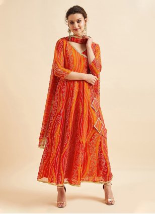 Orange Georgette Bandhej Print Readymade Gown