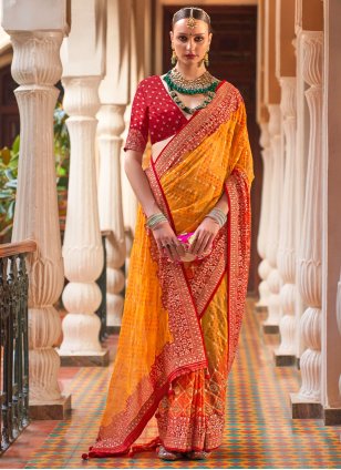 Orange Georgette Border Designer Sari