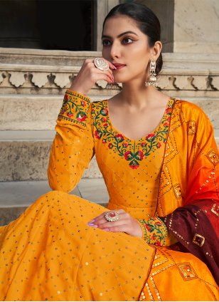 Orange Georgette Embroidered Readymade Trendy Gown