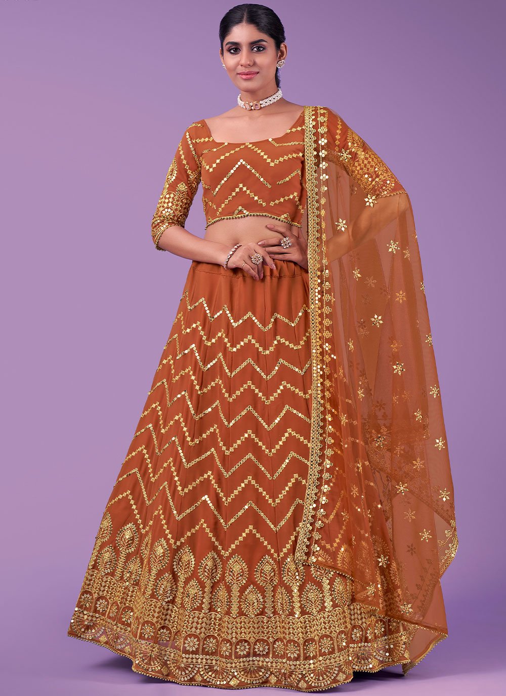 Beautiful Designer Wear Orange Chennai Silk Padding Georgette Bollywood  Lehenga - Zakarto