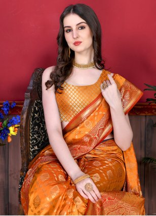 Orange Katan Silk Border Classic Sari