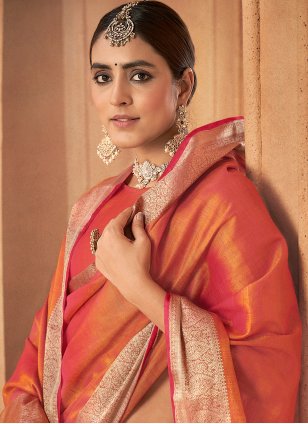 Orange Linen Woven Designer Sari