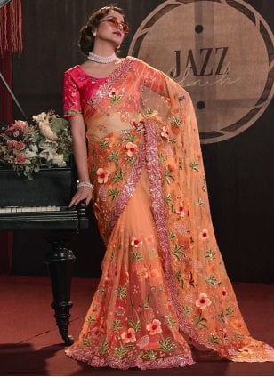 Orange Net Cut Dana Designer Sari