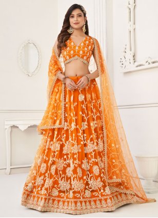 Orange Net Embroidered Trendy Chaniya Choli