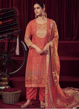 Orange Organza Digital Print Trendy Salwar Suits