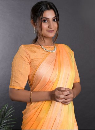 
                            Orange Satin Printed Designer Sari