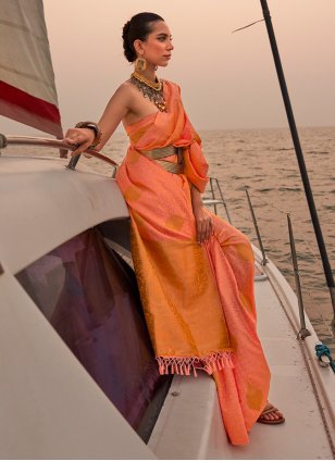 Orange Satin Weaving Contemporary Saree