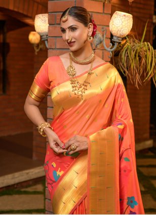 Orange Silk Jacquard Designer Sari