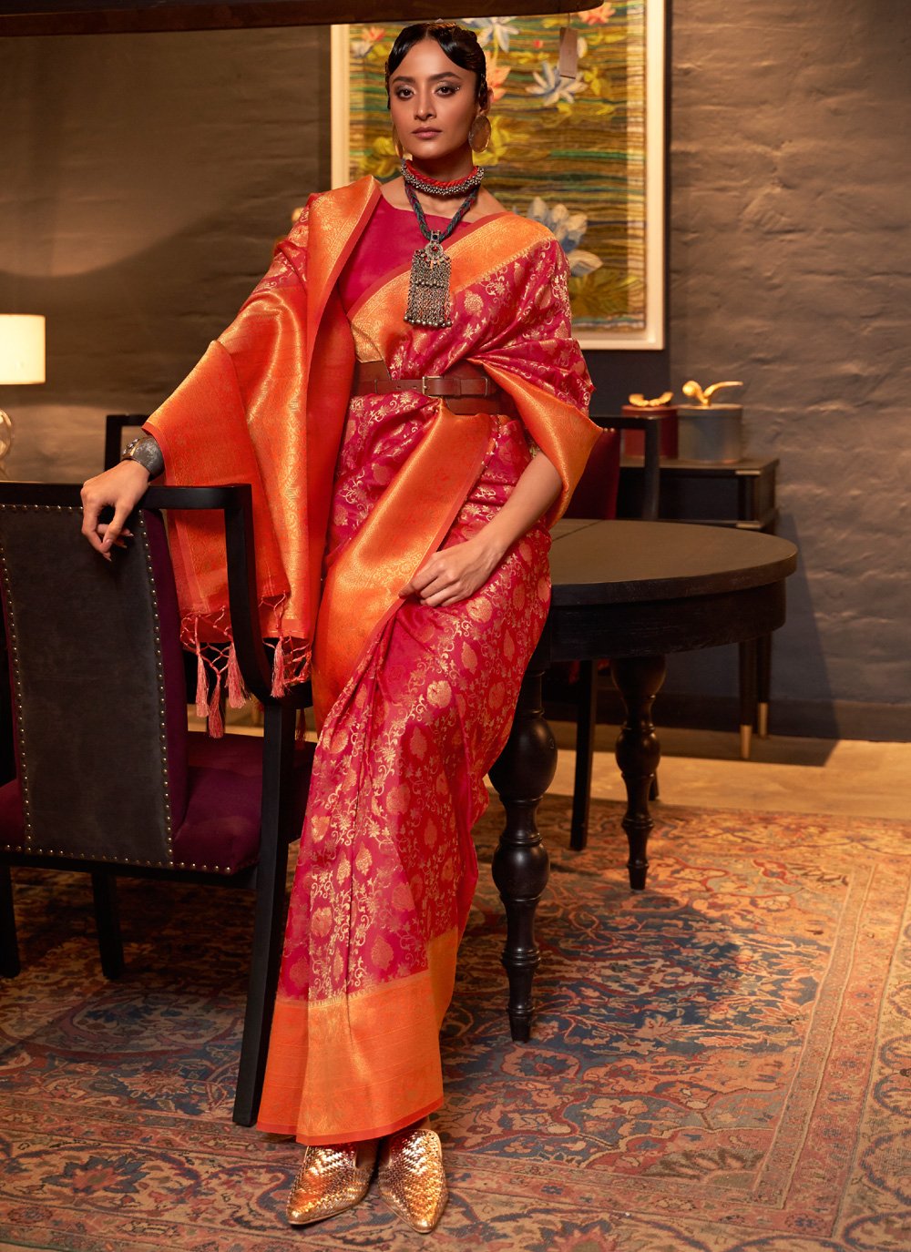 Orange Silk Weaving Contemporary Sari
