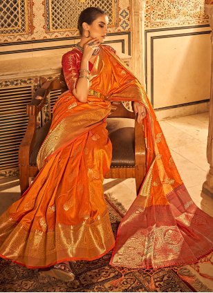 Orange Tussar Silk Weaving Contemporary Saree