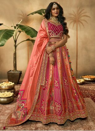 Peach and Pink Banarasi Silk Embroidered Lehenga Choli