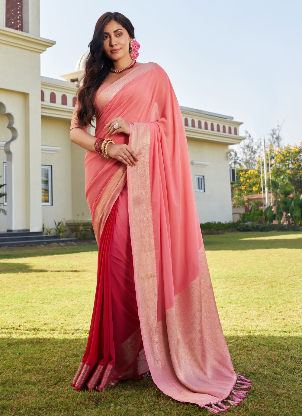 Peach georgette saree with blouse 6209