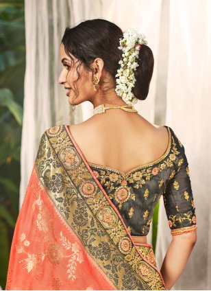 Peach Art Silk Woven Trendy Sari