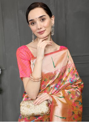 Peach Banarasi Silk Weaving Work Traditional Designer Party Wear Sari