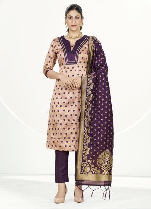 Peach Banarasi Silk Woven Straight Salwar Suit
