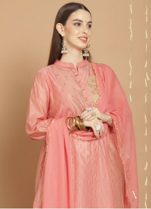
                            Peach Chanderi Embroidered Trendy Salwar Suits