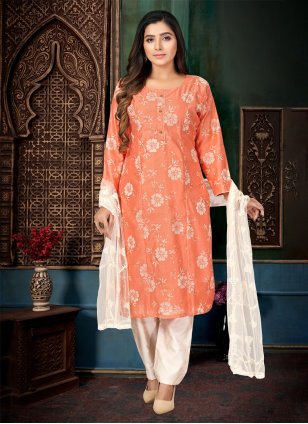 Peach Chanderi Printed Trendy Salwar Suits
