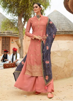 Peach color Jacquard Designer Salwar Suits with Embroidered work