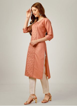 Peach Cotton  Embroidered Party Wear Kurti
