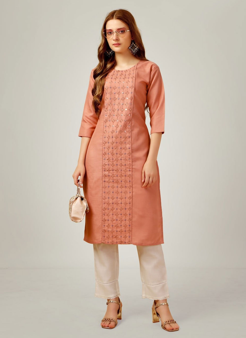 765 - Elegant Mirror Work Kurti in Yellow Peach Blue & Maroon-1Pc