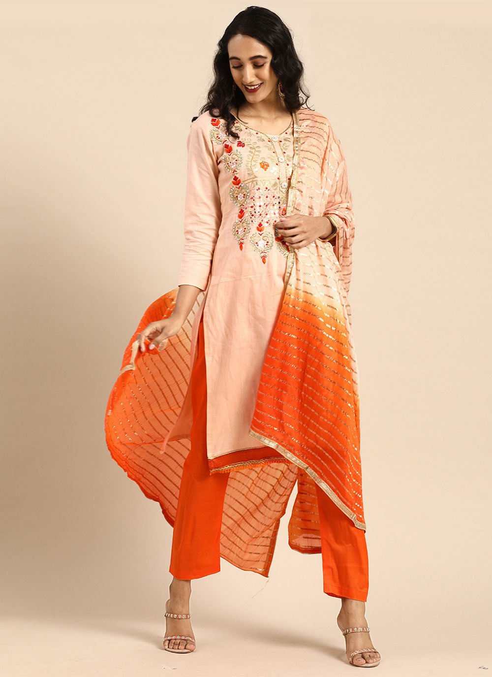 Peach Cotton  Embroidered Straight Salwar Suit