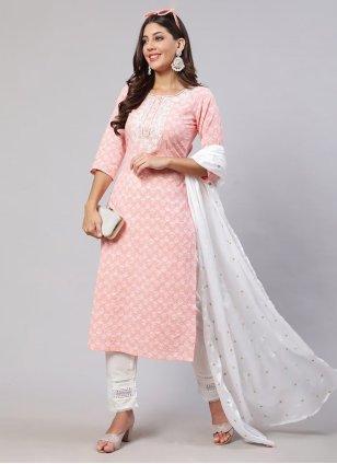 Peach Cotton  Printed Straight Salwar Suit