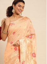 Peach Cotton  Weaving Designer Sari