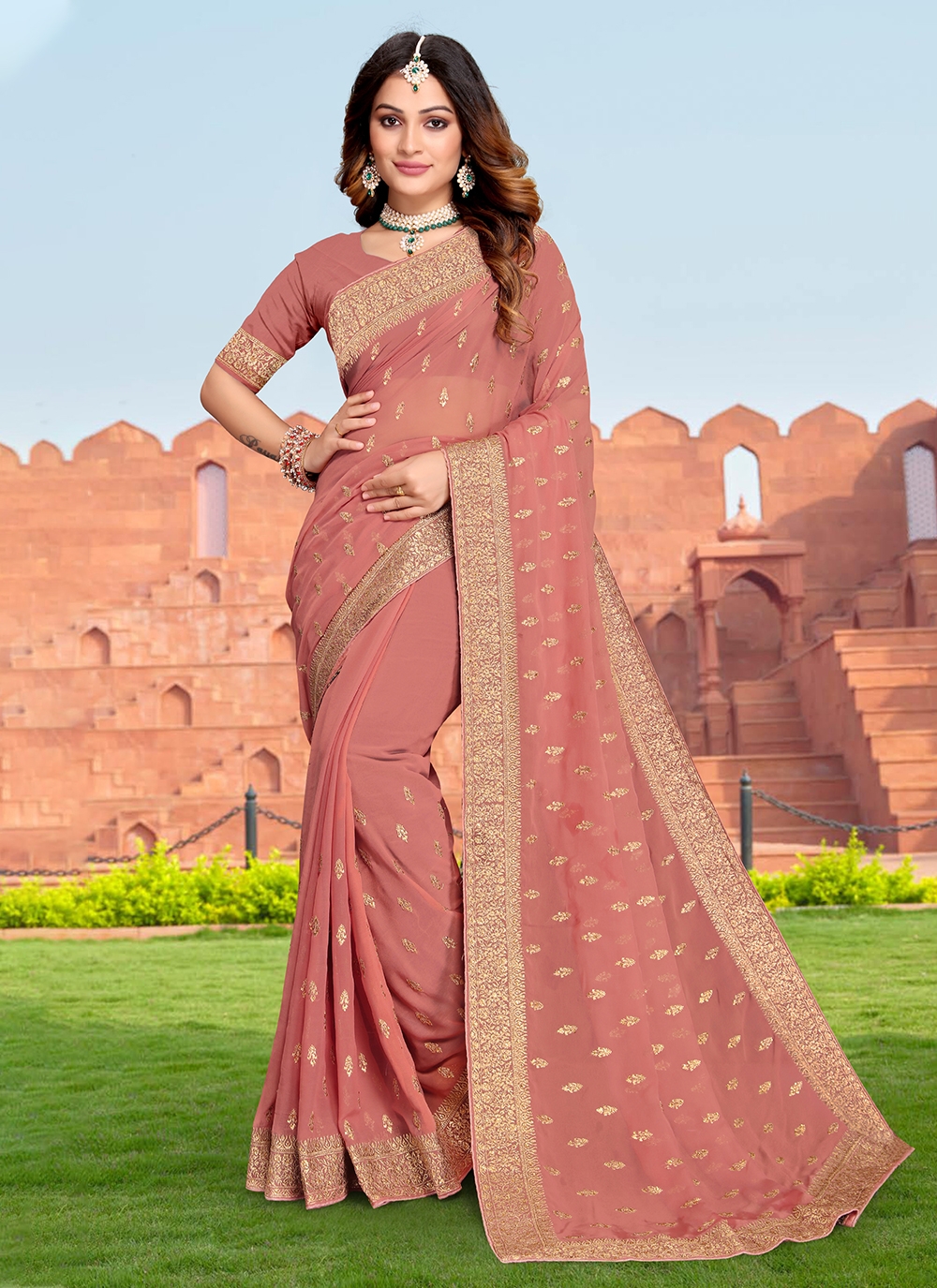 Digital Printed Georgette Saree in Peach : SKK33699